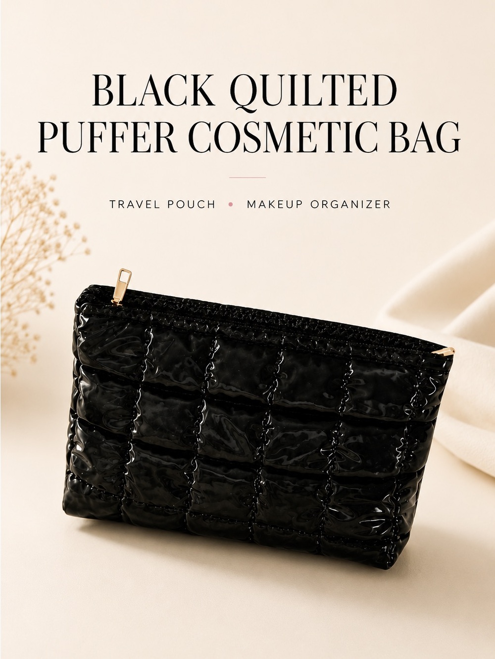 Black Quilted Puffer Makeup Cosmetic Bag Travel Pouch NWT